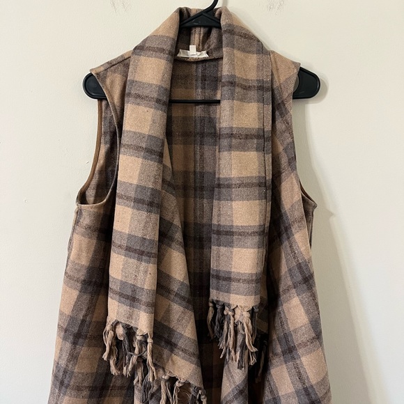 Entro Brown Plaid Fringe Sleeveless Drapey Open Front Wool Blend Vest Size M - Picture 2 of 9